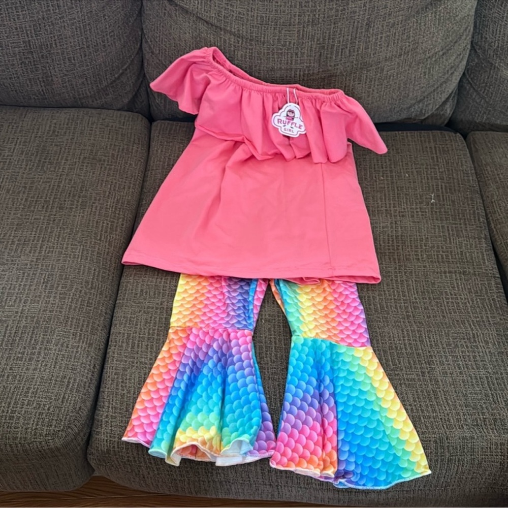 Pink Off-Shoulder Top with Rainbow Leggings